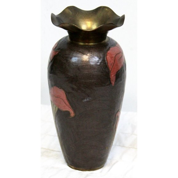 Vtg 80s Cloisonné Brass Vase Pink Lillies Brown Calla Cala Lily Ruffled Rim Top - Picture 2 of 10